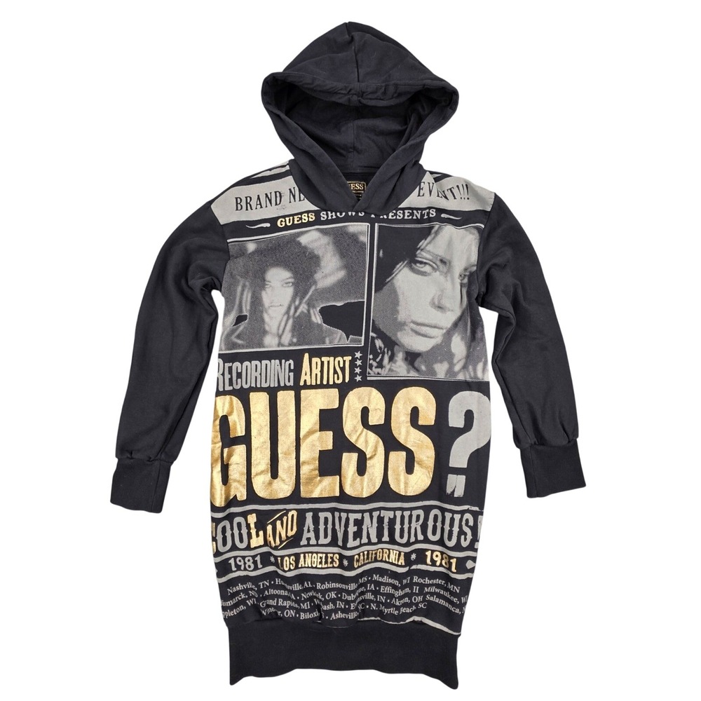 Guess Girls Black Graphic Hoodie Dress Gold Foil Recording Artist Size 12 J1BK09